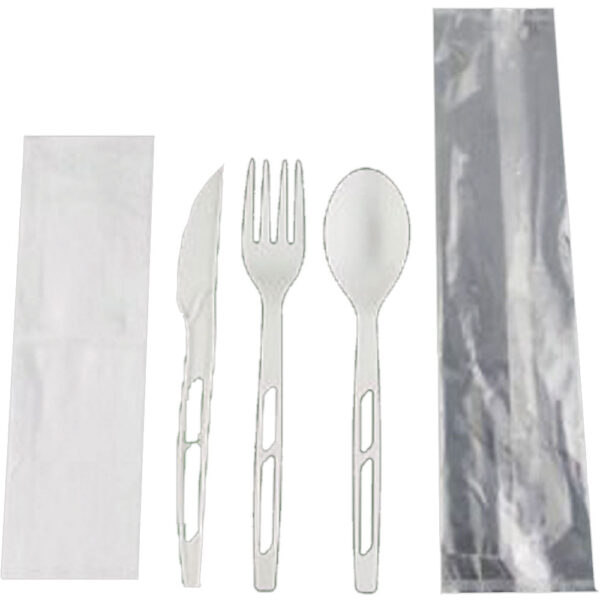7” CPLA Fork, Knife, Spoon, Napkin wrapped with Compostable Film (400/Case)
