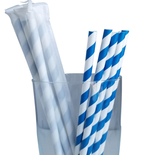 7.75” Jumbo Regular Blue Striped Wrapped Paper Straws