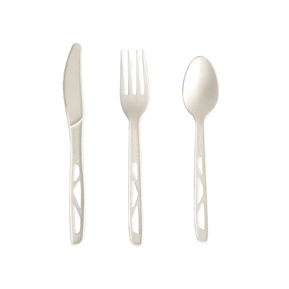 7'' CPLA Fork, Knife, Spoon, Napkin wrapped with Compostable Film - 2