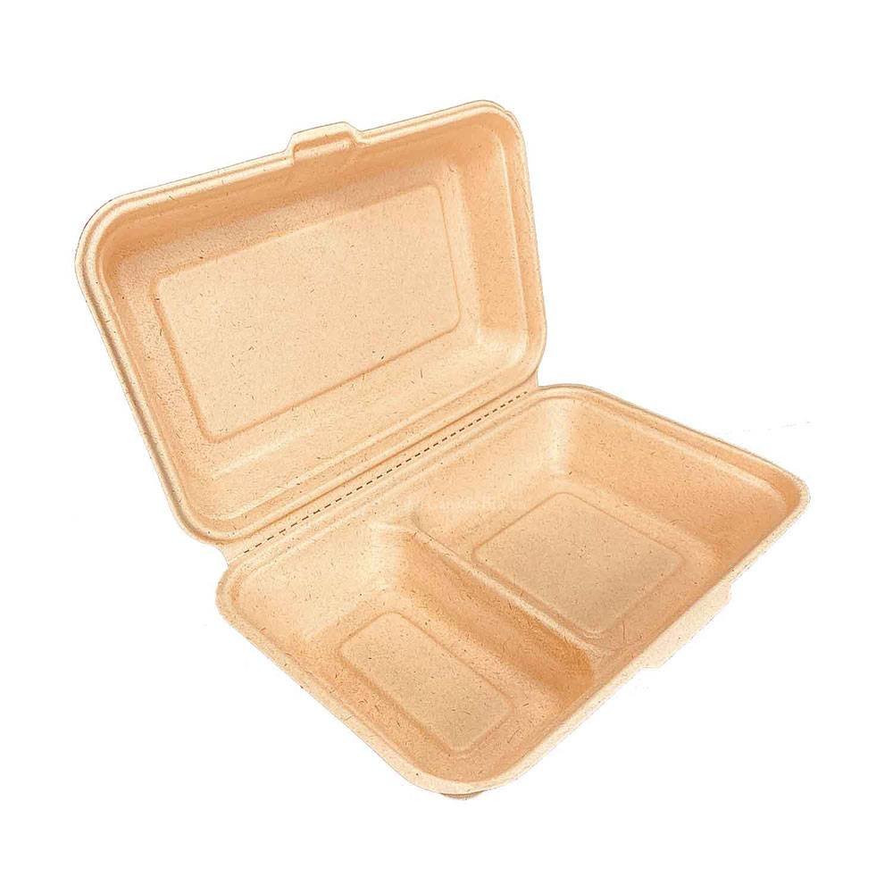 9"x6"x3" 2Compartments Sugar Cane Natural Kraft Clamshell (200/CS)