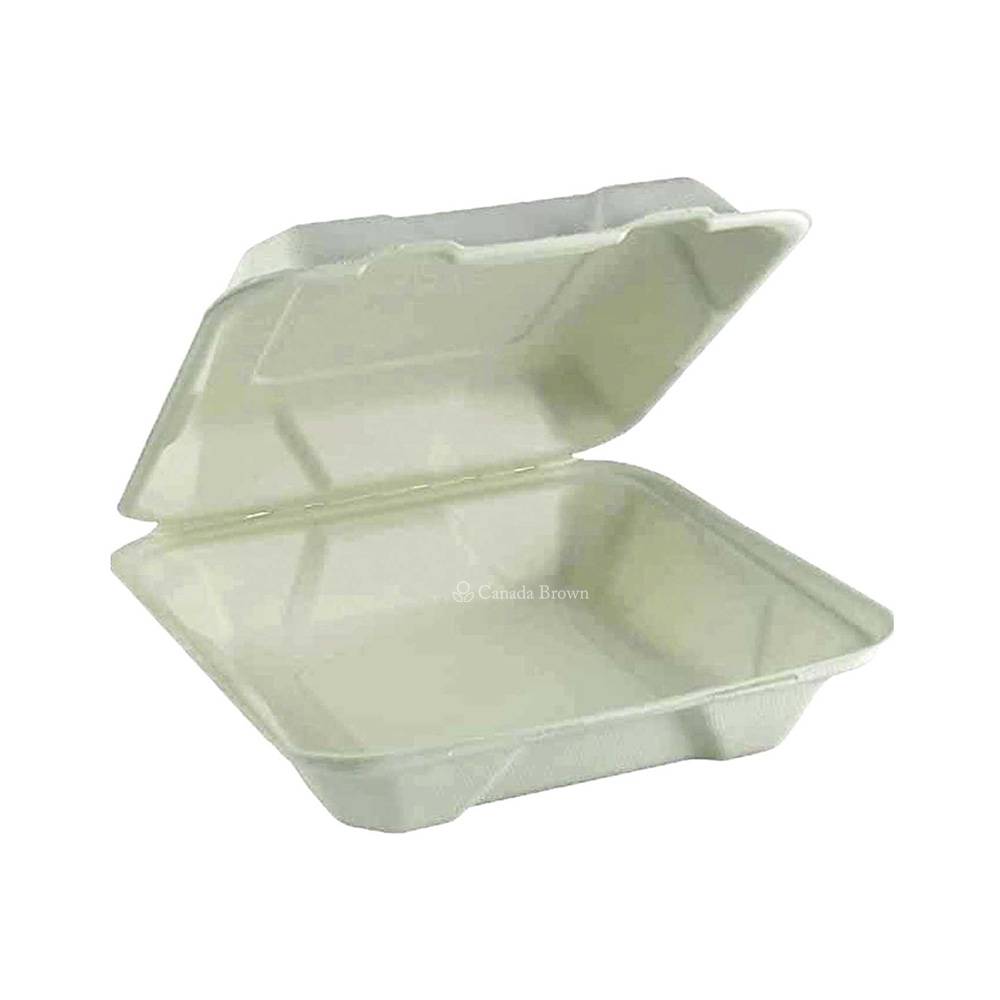 8.5" x 8" x 2.75" Sugarcane Fibre Clamshell (White) (100% Compostable & Recyclable) (200/Case)