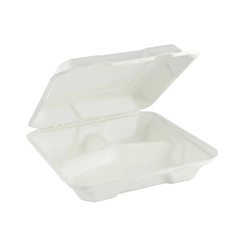 8.5" x 8" x 2.75" Sugarcane Fibre Clamshell 3 Cpompartments (White) (100% Compostable & Recyclable) (200/Case)