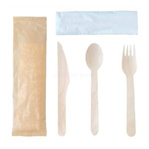 6.25'' Wooden Cutlery Kit ( Fork,Knife,Spoon & Napkin )  Compostable & Recyclable (250/CS)