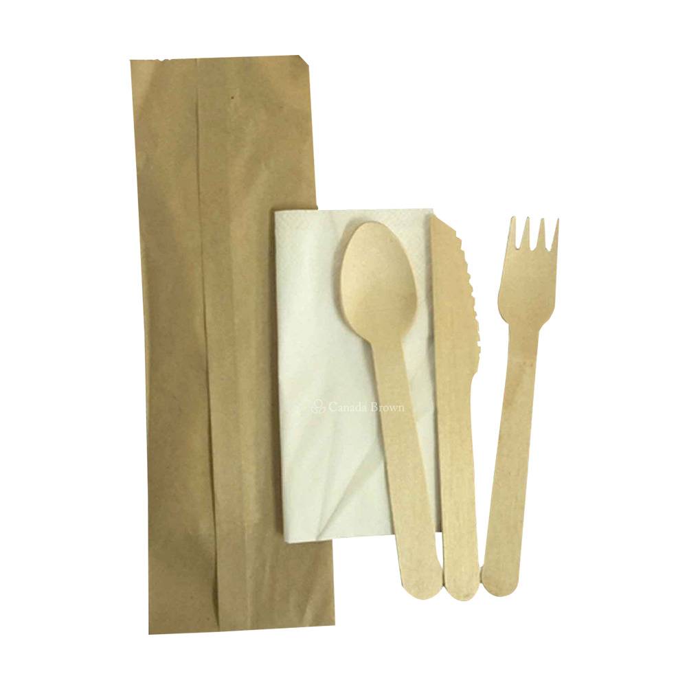 6.25" Wooden Cutlery Kit (Fork, Knife, Spoon & Napkin) (100% Compostable & Recyclable) (250/Case)