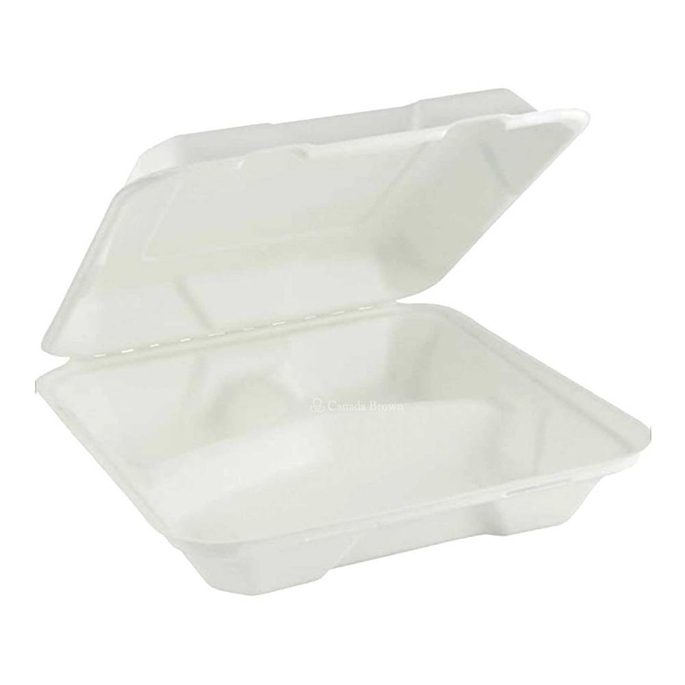 9" x 9" x 3" Sugarcane Fibre Clamshell 3 Cpompartments (White) (100% Compostable & Recyclable) (200/Case)