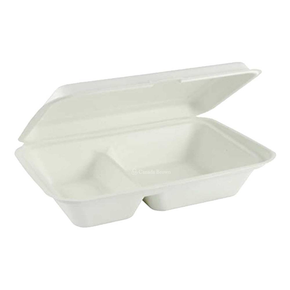 9" x 6" x 3" Sugarcane Fibre Clamshell 2 Compartments (White) (100% Compostable & Recyclable)  (200/Case)