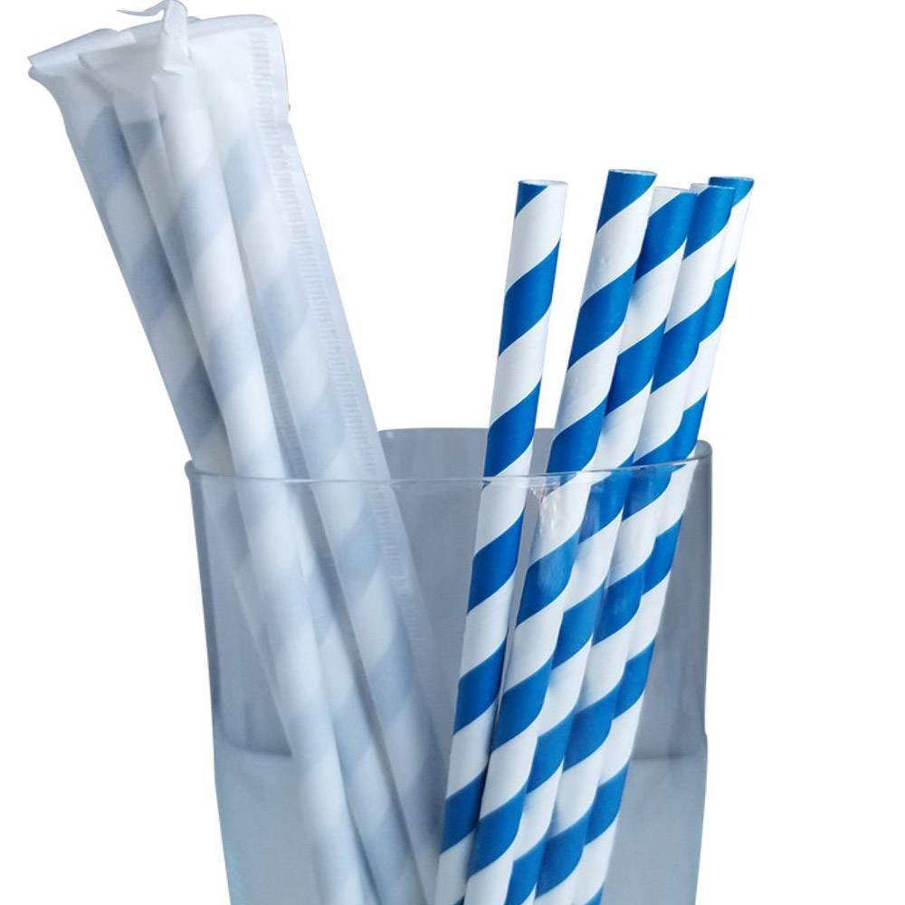 7.75” Length 6mm Diameter Regular Blue Striped Individually Wrapped Paper Straws