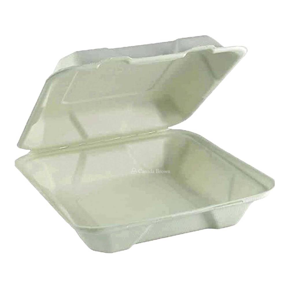 9" x 9" x 3" Sugarcane Fibre Clamshell (White) (100% Compostable & Recyclable) (200/Case)