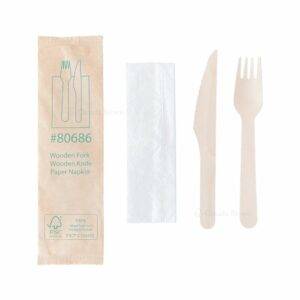 6.25'' Wooden Cutlery Kit Wrapped with Kraft Paper (Fork. Knife. Napkin) (250/Case)