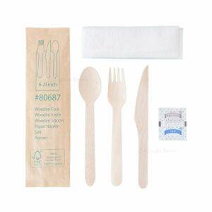 6.25'' Wooden Cutlery Kit Wrapped with Kraft Paper ( Fork. Knife. Spoon.Napkin.Salt. Papper ) (250/Case)