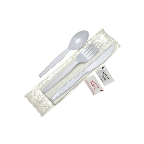 Knife, Fork, Spoon, Napkin, Salt & Pepper  Plastic White Utensil Kit (500/CS)